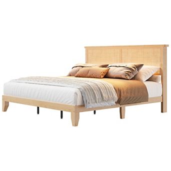 Bohemian Rattan Bed Frame with Natural Headboard,Wooden Support Legs and Slats,LED Lights,Noise-Free