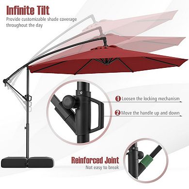 10 Feet Offset Hanging Umbrella with Base Patio Cantilever Umbrella with Tilt-Red