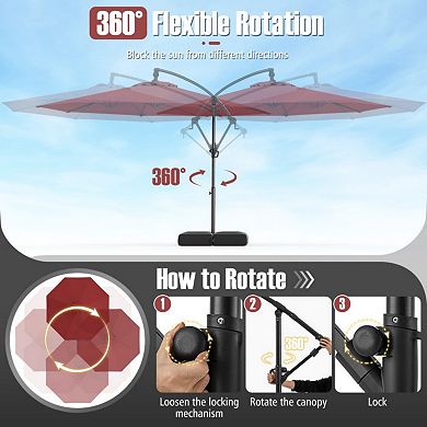 10 Feet Offset Hanging Umbrella with Base Patio Cantilever Umbrella with Tilt-Red