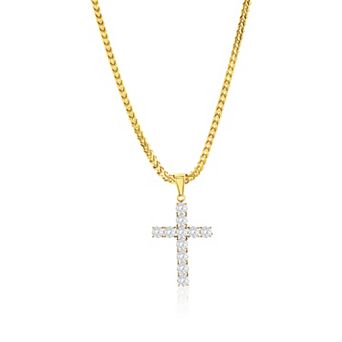 Men's Metallo Stainless Steel Round Cubic Zirconia Cross Pendant Necklace