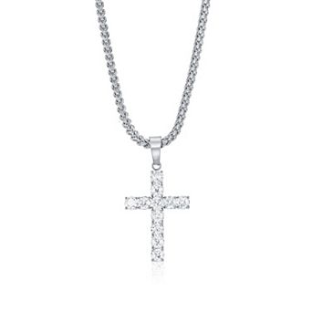 Men's Metallo Stainless Steel Round Cubic Zirconia Cross Pendant Necklace