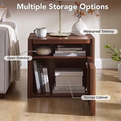 Modern Nightstand with Charging Station, Night Stand w/ Open Shelf, Bedside Table for Living Room