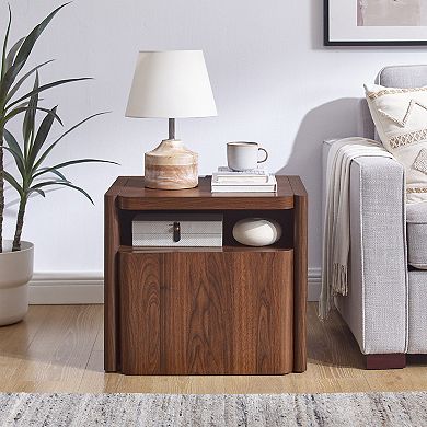 Modern Nightstand with Charging Station, Night Stand w/ Open Shelf, Bedside Table for Living Room