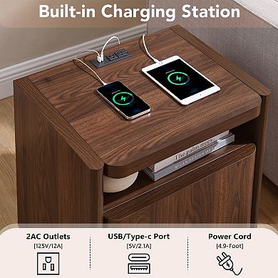 Modern Nightstand with Charging Station, Night Stand w/ Open Shelf, Bedside Table for Living Room