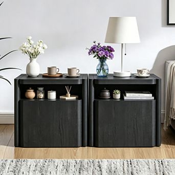 Modern Nightstand with Charging Station, Night Stand w/ Open Shelf, Bedside Table for Living Room