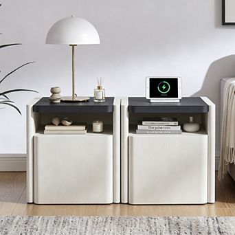 Modern Nightstand with Charging Station, Night Stand w/ Open Shelf, Bedside Table for Living Room