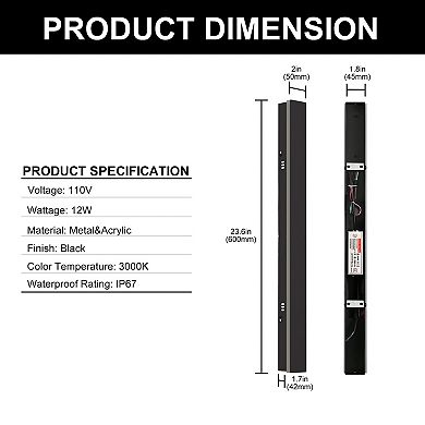 23.6in Outdoor Wall Sconce IP67 Waterproof 12W Integrated LED 3000K Black Linear for Patio