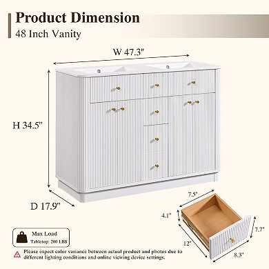 Modern Fluted Bathroom Vanity with Sink, Wood Storage Cabinet with 3 Drawers & Closing Door