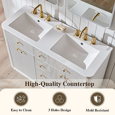 Modern Fluted Bathroom Vanity with Sink, Wood Storage Cabinet with 3 Drawers & Closing Door