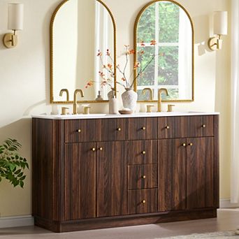 Modern Fluted Bathroom Vanity with Sink, Wood Storage Cabinet with 3 Drawers & Closing Door
