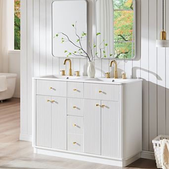 Modern Fluted Bathroom Vanity with Sink, Wood Storage Cabinet with 3 Drawers & Closing Door