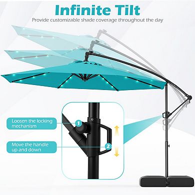 10 Feet Solar Offset Hanging Umbrella with Base, 32 LED Lights and 2 Sandbags