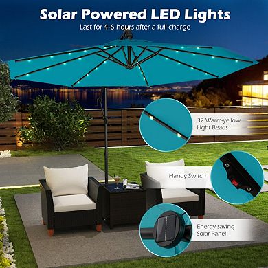 10 Feet Solar Offset Hanging Umbrella with Base, 32 LED Lights and 2 Sandbags