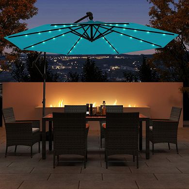 10 Feet Solar Offset Hanging Umbrella with Base, 32 LED Lights and 2 Sandbags