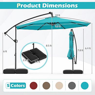 10 Feet Solar Offset Hanging Umbrella with Base, 32 LED Lights and 2 Sandbags