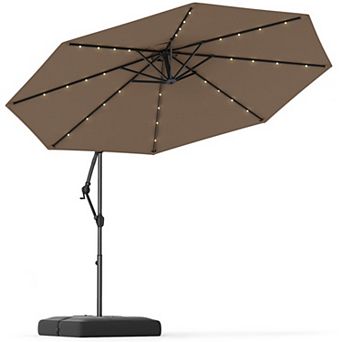 10 Feet Solar Offset Hanging Umbrella with Base, 32 LED Lights and 2 Sandbags