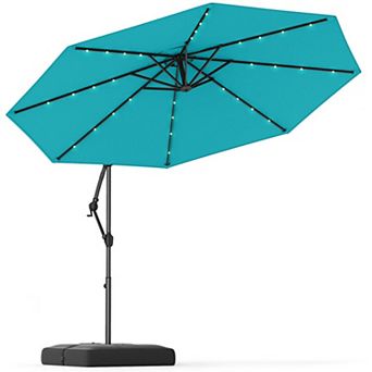 10 Feet Solar Offset Hanging Umbrella with Base, 32 LED Lights and 2 Sandbags