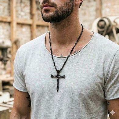 Men's Metallo Stainless Steel Textured Cross Pendant Necklace