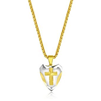 Men's Metallo Stainless Steel Two Tone Cross & Triangle Pendant Necklace