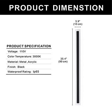 35.4in Linear Outdoor Wall Light Hardwired Black 18W Integrated LED 3000K IP65 for Patio