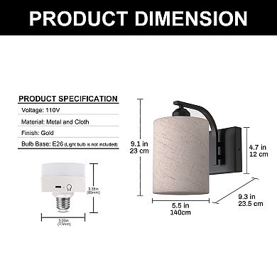 9.1in Modern Wall Light, Matte Black, Metal Cloth Cylinder Fabric Shade, 2 Lights, 2 Pack