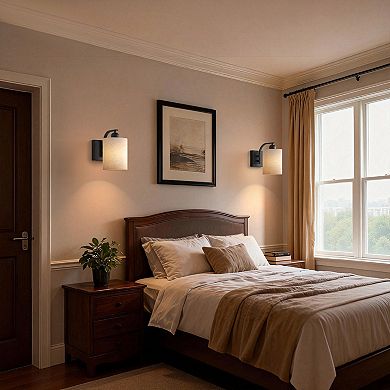 9.1in Modern Wall Light, Matte Black, Metal Cloth Cylinder Fabric Shade, 2 Lights, 2 Pack