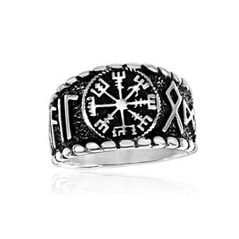 Men's Metallo Stainless Steel Oxidized Vegvisir Designed Ring