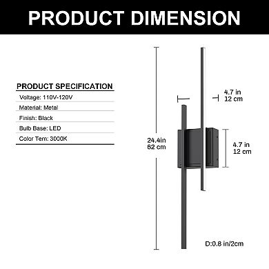 24.4in LED Wall Sconce, Matte Black, Linear Dual Rod, Dimmable, 2 Pack