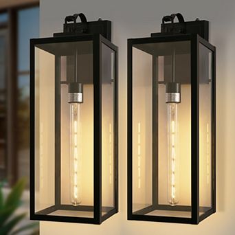 22 in Outdoor Wall Sconce, Matte Black, Clear Glass, Dusk to Dawn Sensor, Bulbs Included, 2 Pack