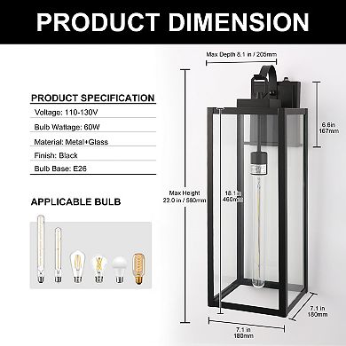 22in Outdoor Wall Sconce, Matte Black, Clear Glass, Dusk to Dawn Sensor, Bulbs Included, 2 Pack