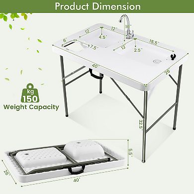 Fish Cleaning Table with 2 Sinks and 360° Rotatable Fauce-White