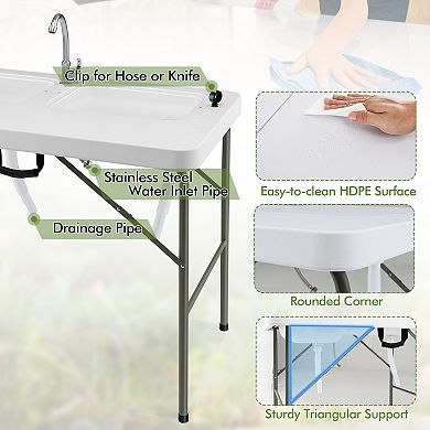 Fish Cleaning Table with 2 Sinks and 360° Rotatable Fauce-White