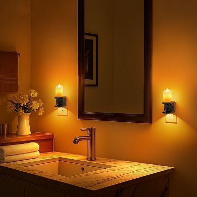 2W Integrated LED Plug In Night Light Black Candle Drip Design Amber 1600K Beam Flicker 2 Pack