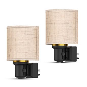 1W Plug in Gold Ring Fabric Shade Integrated LED Night Light with Light Warm 2700K Up Glow 2 Pack