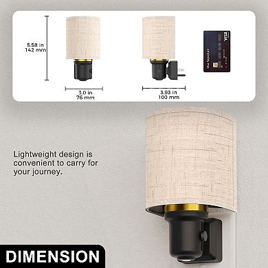 1W Plug in Gold Ring Fabric Shade Integrated LED Night Light with Light Warm 2700K Up Glow 2 Pack