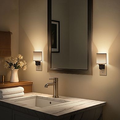 1W Plug in Gold Ring Fabric Shade Integrated LED Night Light with Light Warm 2700K Up Glow 2 Pack