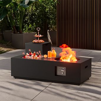 Evita 48" Outdoor Rectangular 50000 BTU Propane Fire Pit Table with Ice Bucket & Rain Cover（Black）