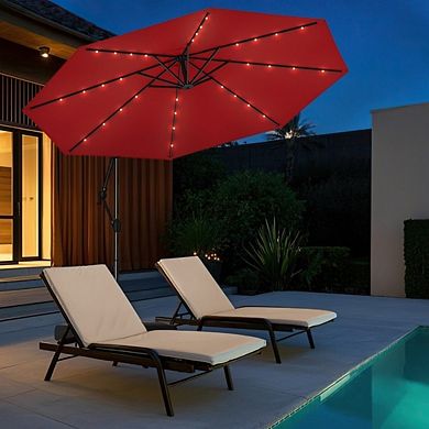 10ft Solar Offset Patio Umbrella, 32 LED Lights with Stable Base