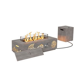 Evita 30" 50000 BTU Round Propane Fire Pit Table with Warm LED Light, Gray Wood Grain Outdoor