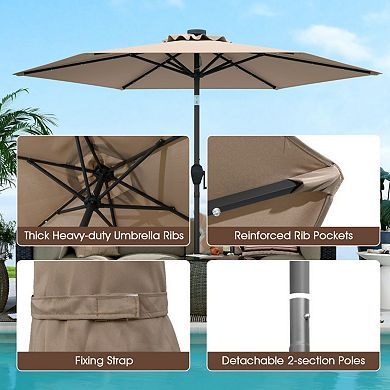 7.5 Feet Solar Powered Patio Umbrella with LED Lights and Crank Handle