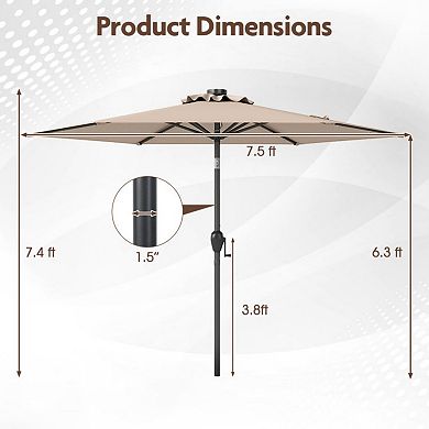 7.5 Feet Solar Powered Patio Umbrella with LED Lights and Crank Handle