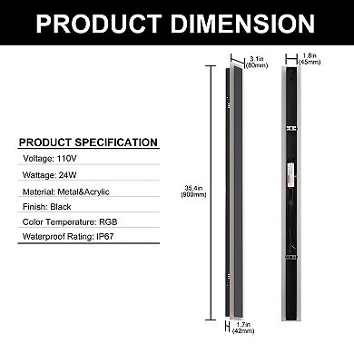 35.4in Outdoor Linear Wall Light Black Hardwired 24W RGB Dimmable IP67 for Garage Patio