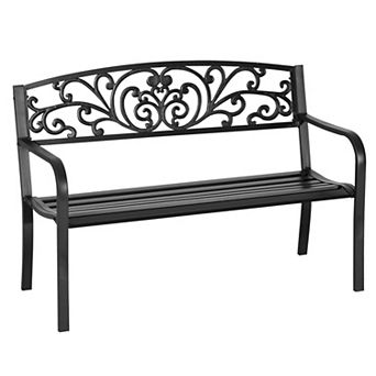 Metal Garden Bench With Floral Pattern Backrest, Outdoor Porch Chairs With Slatted Seat