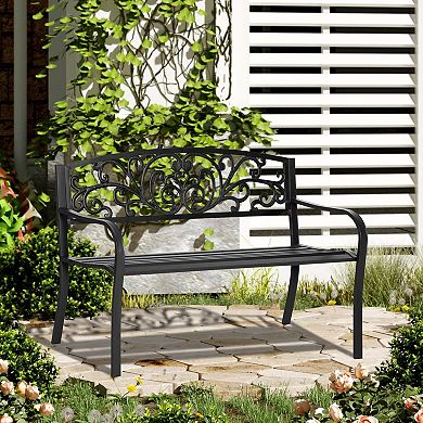 Metal Garden Bench With Floral Pattern Backrest, Outdoor Porch Chairs With Slatted Seat
