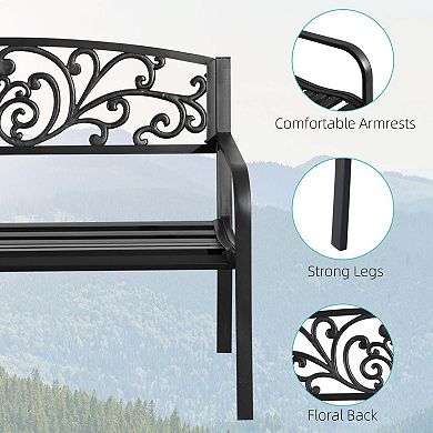 Metal Garden Bench With Floral Pattern Backrest, Outdoor Porch Chairs With Slatted Seat
