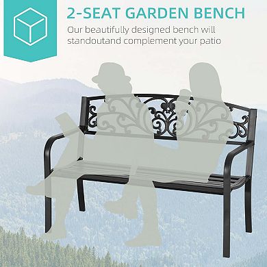 Metal Garden Bench With Floral Pattern Backrest, Outdoor Porch Chairs With Slatted Seat