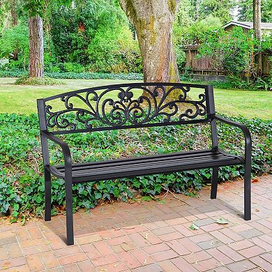 Metal Garden Bench With Floral Pattern Backrest, Outdoor Porch Chairs With Slatted Seat