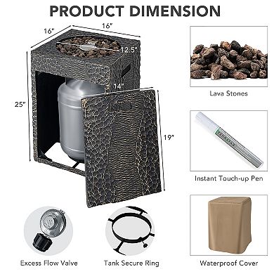 16FT Square Outdoor Propane Fire Pit 30,000 BTU with Cover & Lava Rocks - Black