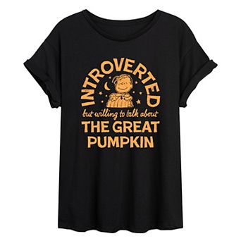 Juniors' Peanuts Introverted The Great Pumpkin Quote Oversized Tee