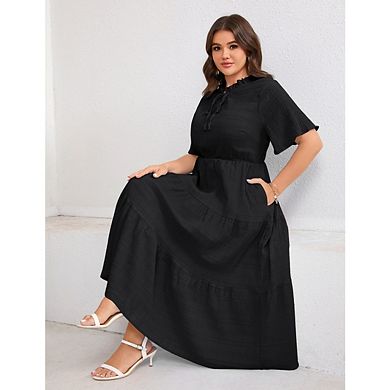 Women's Plus Size Short Sleeve Pleated Rayon Midi Dresses with Pockets for Wedding Guest